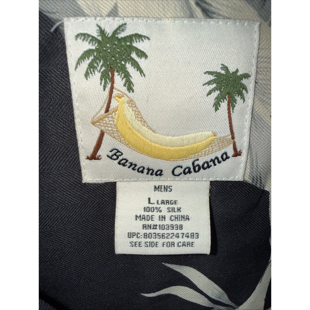 Vintage Banana Cabana Mens Size large Black Gray 100% Silk Short Sleeve Shirt - Picture 3 of 8